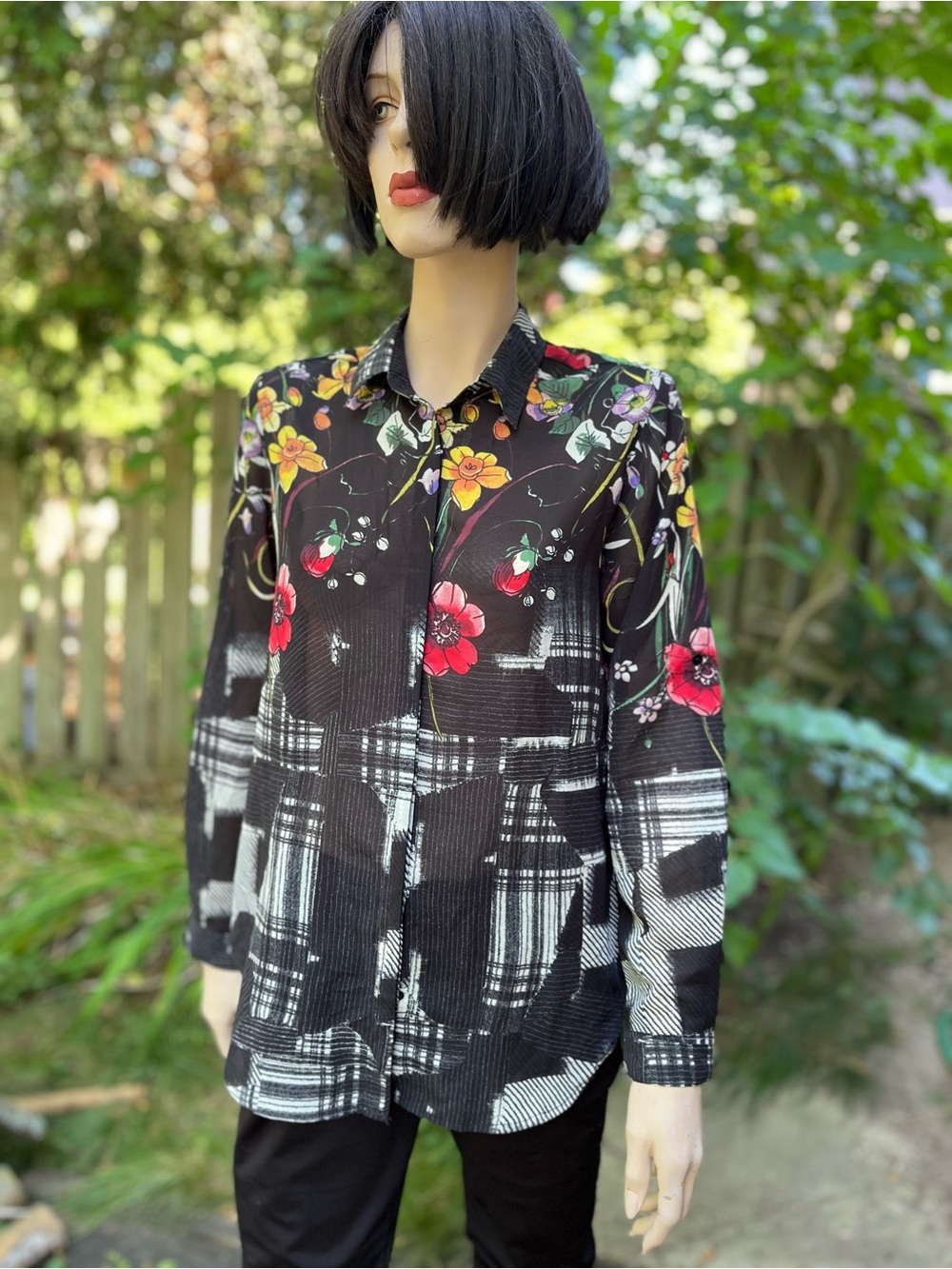 Desigual Black Button-Down Shirt with Red, Yellow and Purple Floral Accents